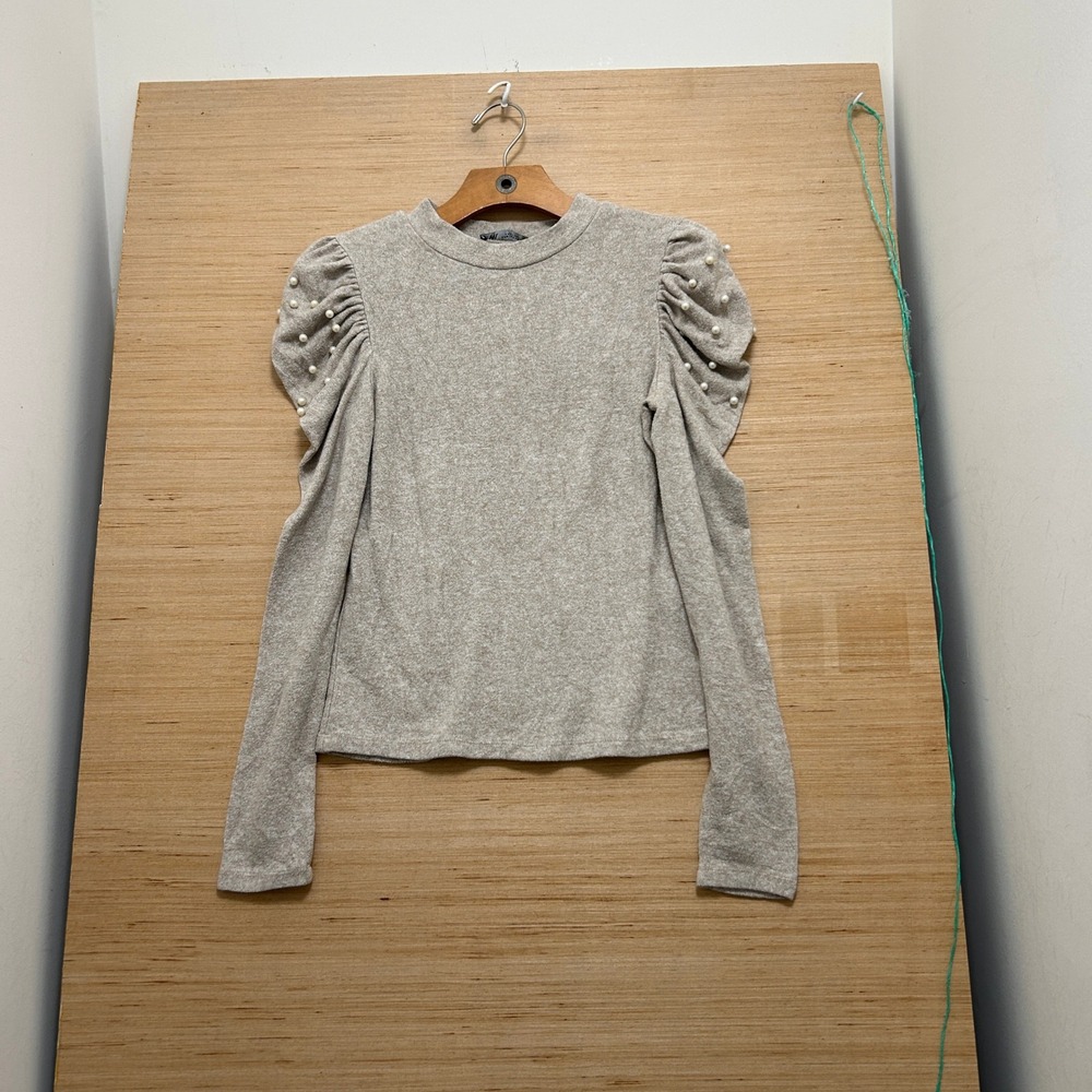 Zara Women Small Oatmeal Beige Pearl Embellished Puff Shoulder Knit Top Sleeves